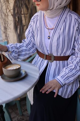 Çizgili Kısa Kimono-Beyaz - Thumbnail