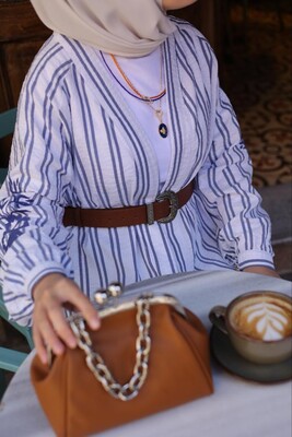 Çizgili Kısa Kimono-Beyaz - Thumbnail