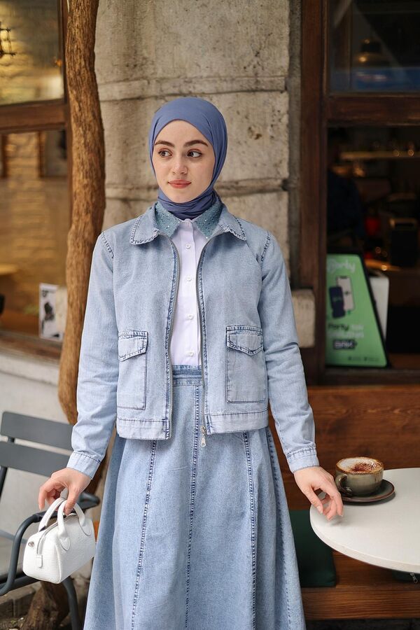 Kadın Denim Kısa Ceket-Açık Mavi