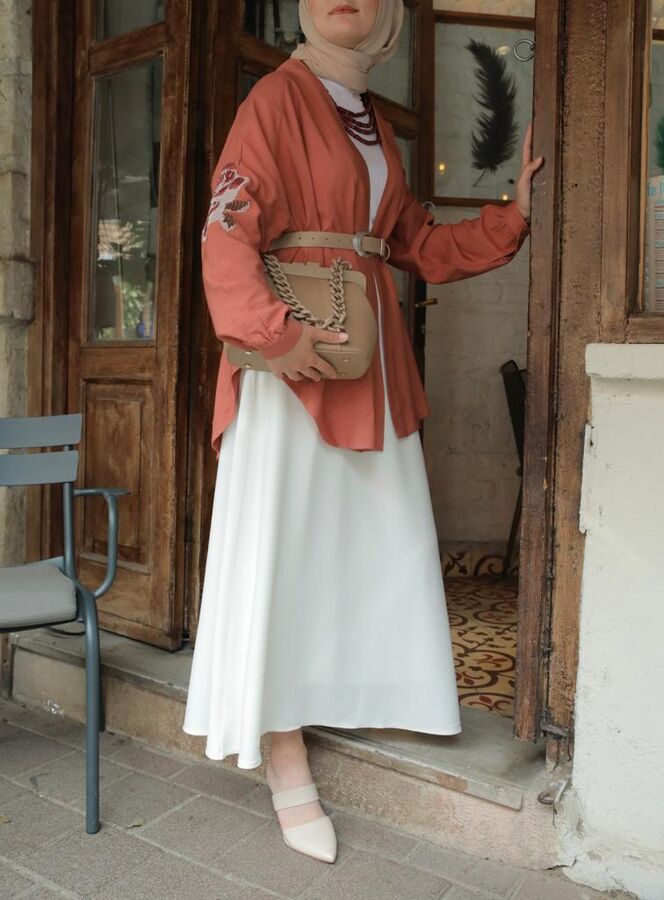 Etamin Nakışlı Kısa Kimono-Gül Kurusu