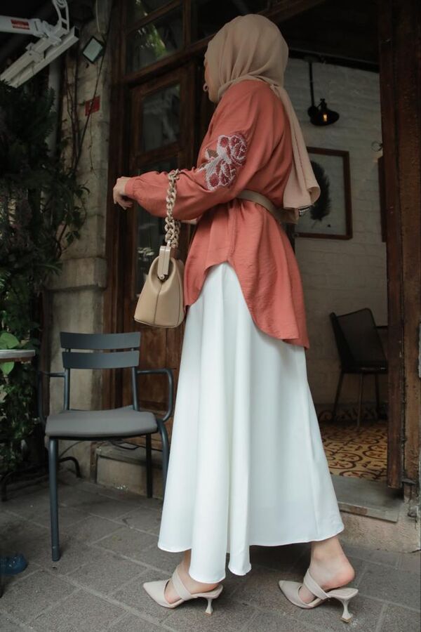 Etamin Nakışlı Kısa Kimono-Gül Kurusu