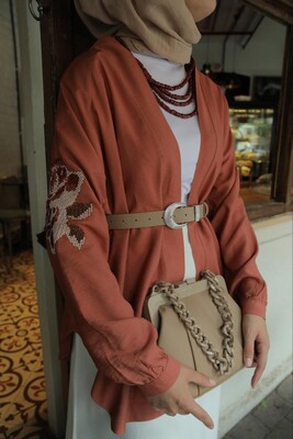 Etamin Nakışlı Kısa Kimono-Gül Kurusu - Thumbnail