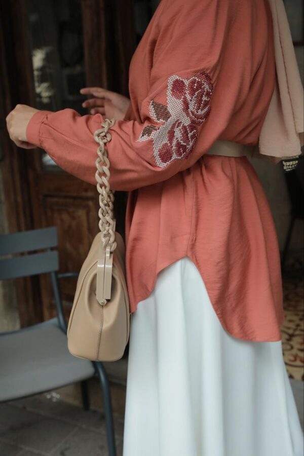 Etamin Nakışlı Kısa Kimono-Gül Kurusu