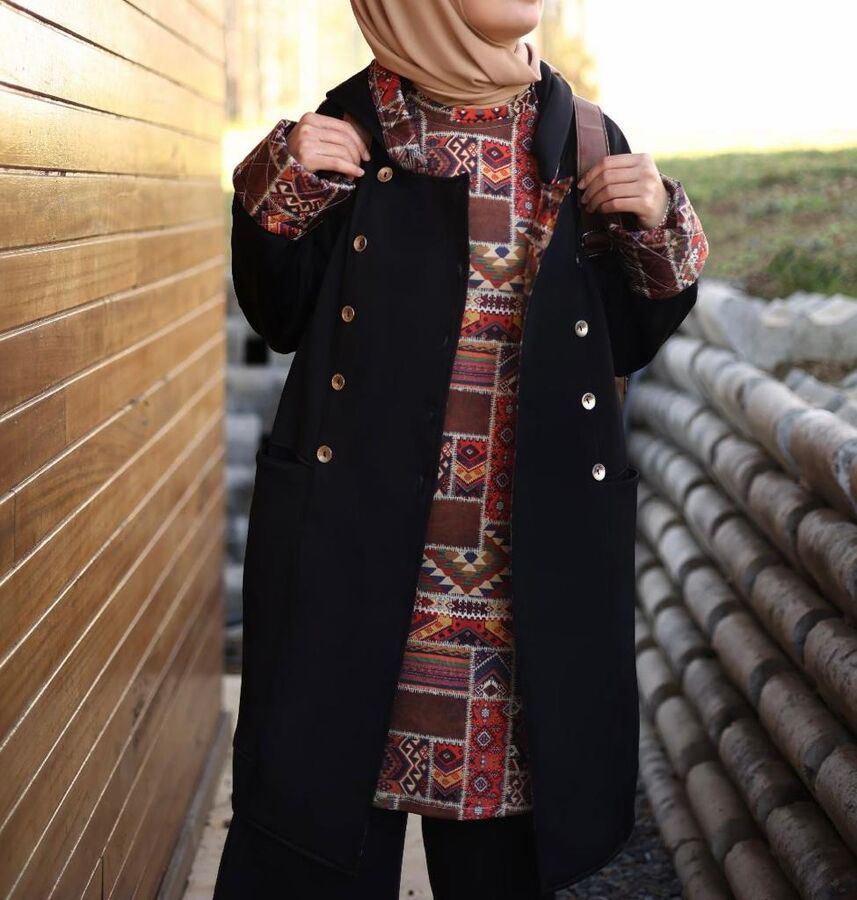 Etnik Takım Kahve Desenli-Siyah