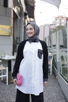Feyza Gömlek Poplin Siyah Cep Detaylı-Beyaz - Thumbnail
