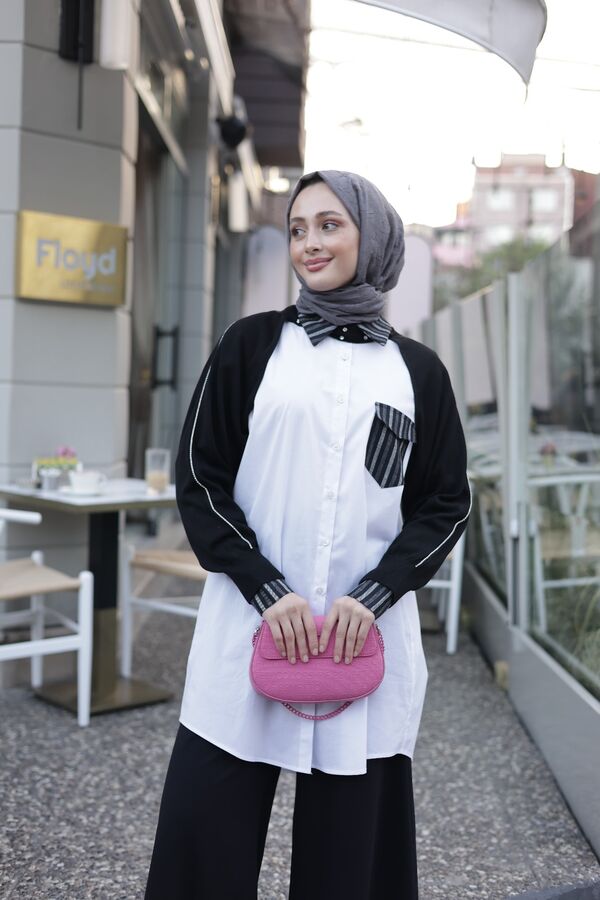 Feyza Gömlek Poplin Siyah Cep Detaylı-Beyaz