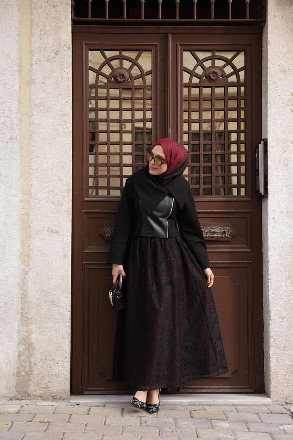 Kadın Bordo Astarlı Tül Etek-Siyah