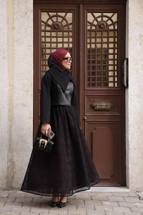 Kadın Bordo Astarlı Tül Etek-Siyah