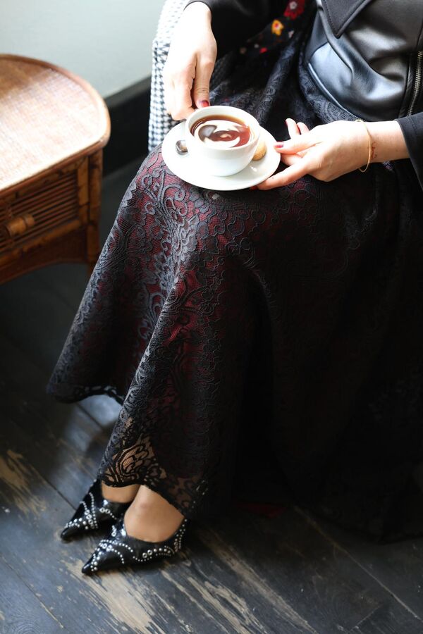 Kadın Bordo Astarlı Tül Etek-Siyah