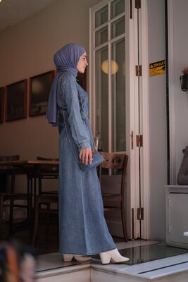 Esra Keküllüoğlu - Kadın Beli Lastikli Denim Trençelbise-Açık Mavi
