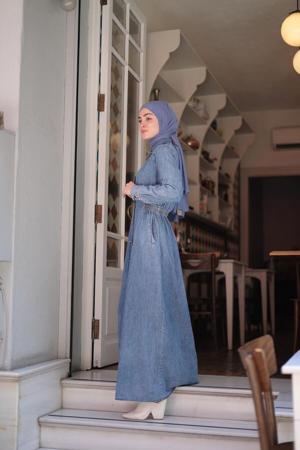 Kadın Beli Lastikli Denim Trençelbise-Açık Mavi