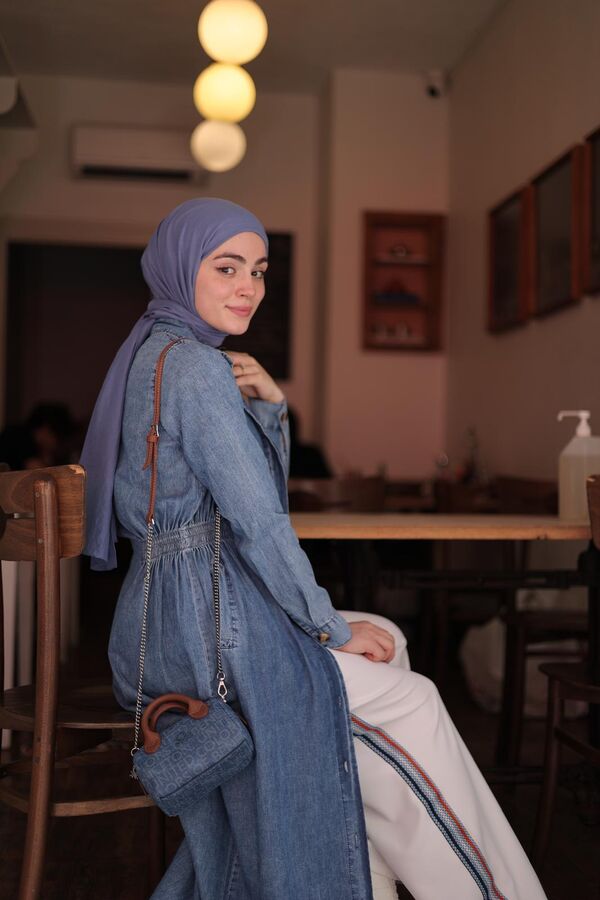 Kadın Beli Lastikli Denim Trençelbise-Açık Mavi