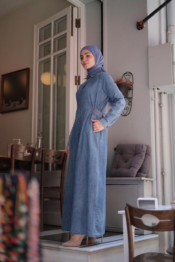 Kadın Beli Lastikli Denim Trençelbise-Açık Mavi