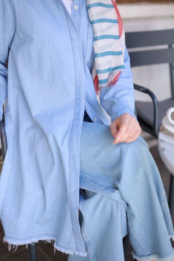Kadın Denim Püsküllü Tunik-Açık Mavi