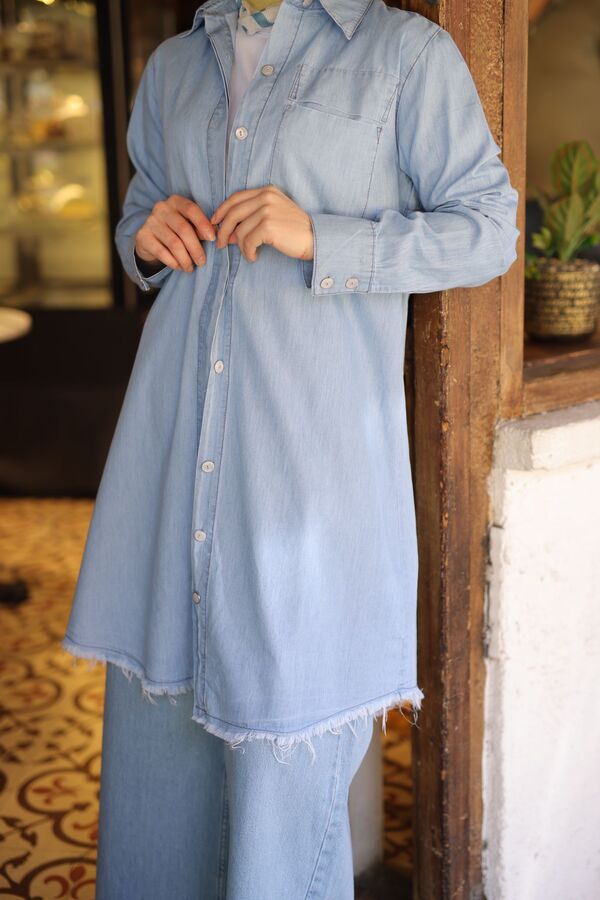 Kadın Denim Püsküllü Tunik-Açık Mavi