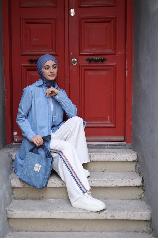 Kadın Denim Püsküllü Tunik-Açık Mavi