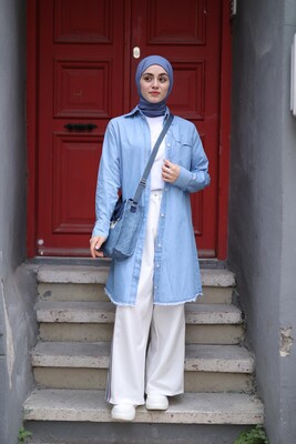 Esra Keküllüoğlu - Kadın Denim Püsküllü Tunik-Açık Mavi