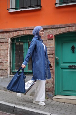 Esra Keküllüoğlu - Kadın Denim Püsküllü Tunik-Koyu Mavi