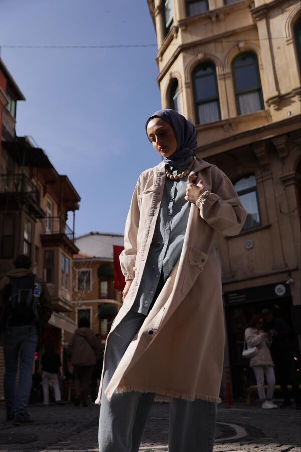 Kadın Gabardin Püsküllü Trençkot-Taş