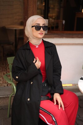 Kadın İnce Gabardin Trençkot-Siyah - Thumbnail