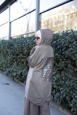 Kadın Işıl Kapşonlu Tunik-Vizon - Thumbnail