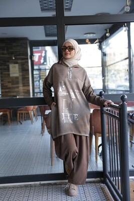 Kadın Işıl Kapşonlu Tunik-Vizon - Thumbnail