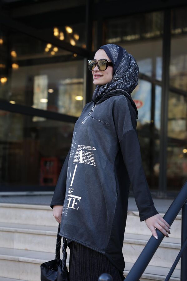 Kadın Işıl Kapşonlu Tunik-Siyah