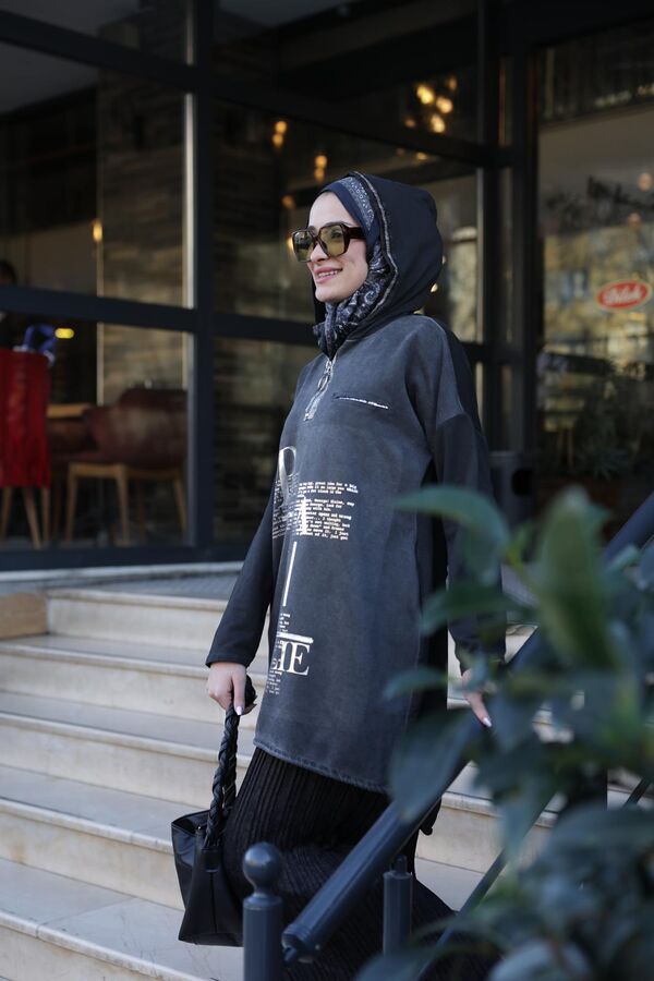Kadın Işıl Kapşonlu Tunik-Siyah
