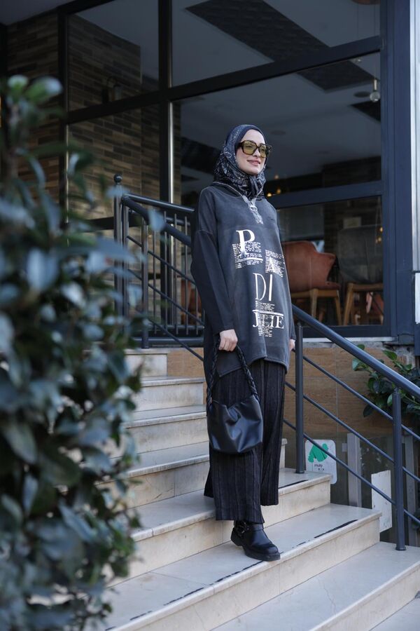 Kadın Işıl Kapşonlu Tunik-Siyah