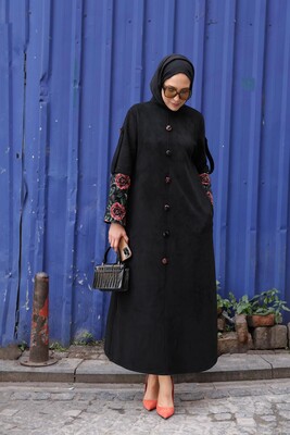 Kadın Süet Kolları Çiçek Desenli Elbise-Siyah - Thumbnail