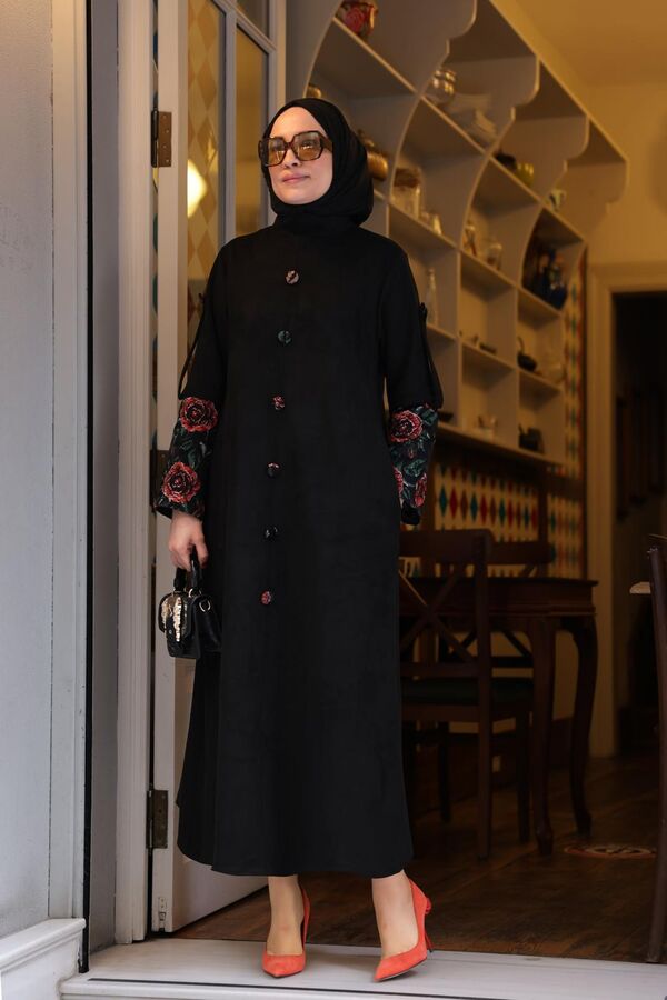 Kadın Süet Kolları Çiçek Desenli Elbise-Siyah