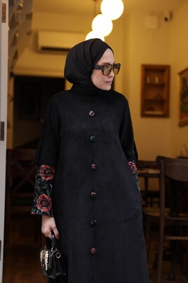 Kadın Süet Kolları Çiçek Desenli Elbise-Siyah - Thumbnail