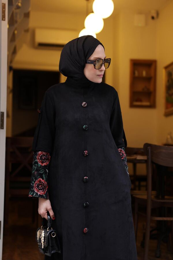 Kadın Süet Kolları Çiçek Desenli Elbise-Siyah