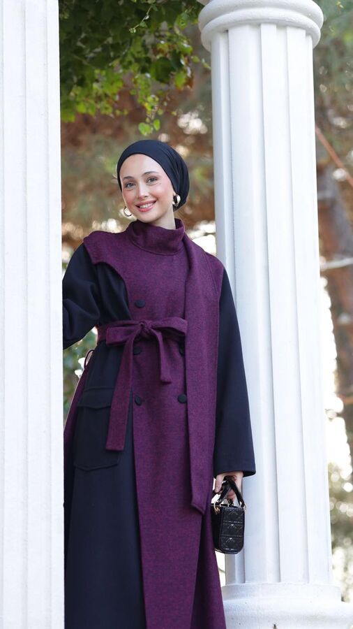 Kadın Kaşe Sekiz Düğmeli Kap-Bordo