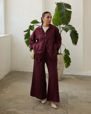 Esra Keküllüoğlu - Kadın Keten Pantolon-Bordo