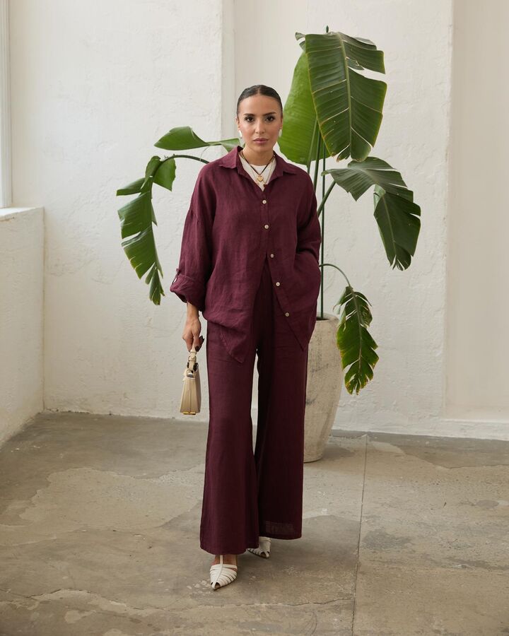 Kadın Keten Pantolon-Bordo