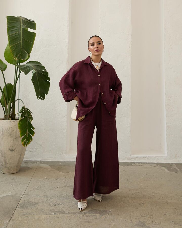 Kadın Keten Pantolon-Bordo