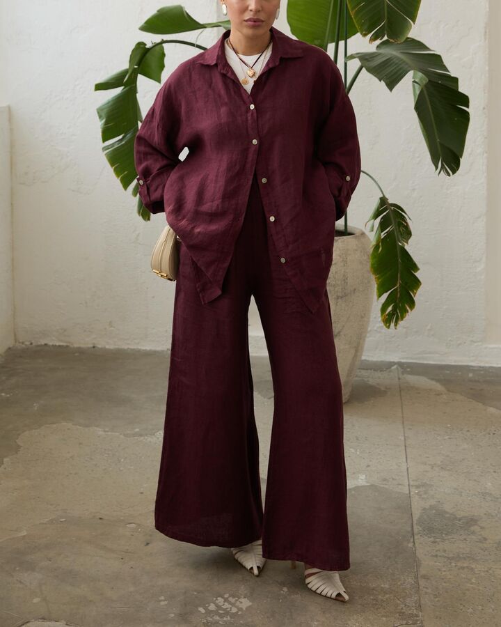 Kadın Keten Pantolon-Bordo