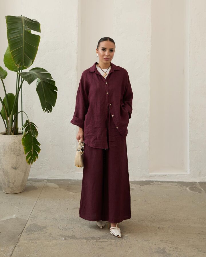 Kadın Keten Pantolon-Bordo