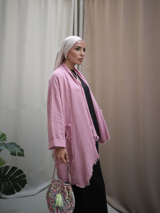 Kadın Keten Püsküllü Kısa Tunik-Pudra Pembe