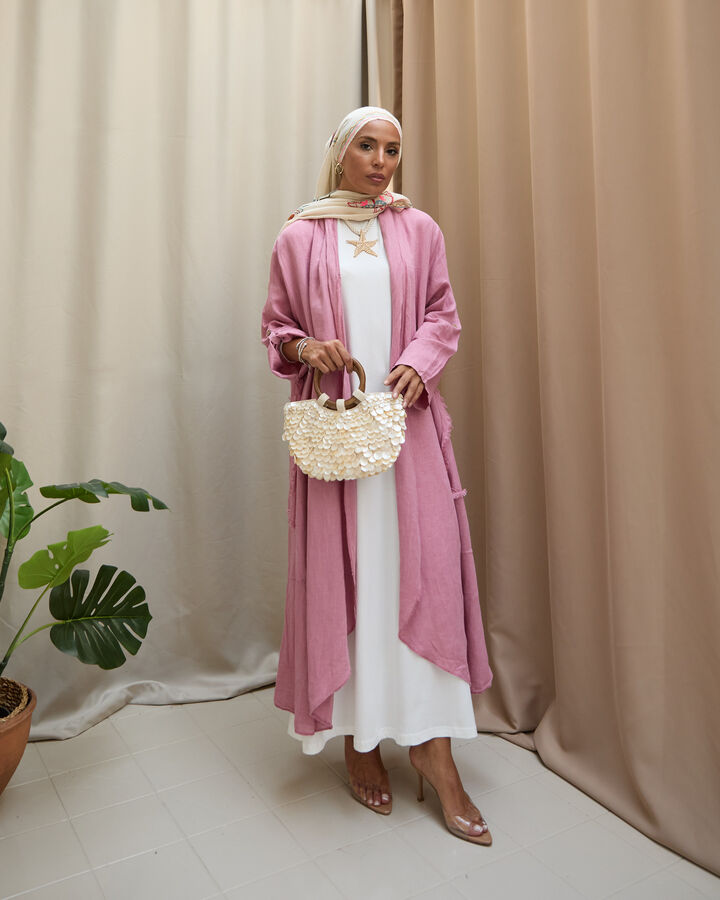 Kadın Keten Püsküllü Uzun Tunik- Pudra Pembe