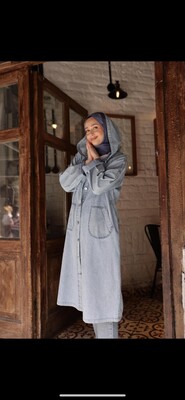Esra Keküllüoğlu - Kadın Kapşonlu Denim Trençkot-Açık Mavi