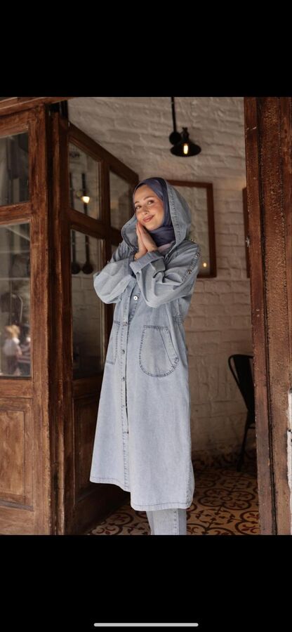 Kadın Kapşonlu Denim Trençkot-Açık Mavi