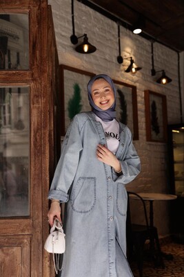 Kadın Kapşonlu Denim Trençkot-Açık Mavi - Thumbnail
