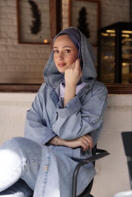 Kadın Kapşonlu Denim Trençkot-Açık Mavi - Thumbnail