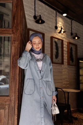 Kadın Kapşonlu Denim Trençkot-Açık Mavi - Thumbnail