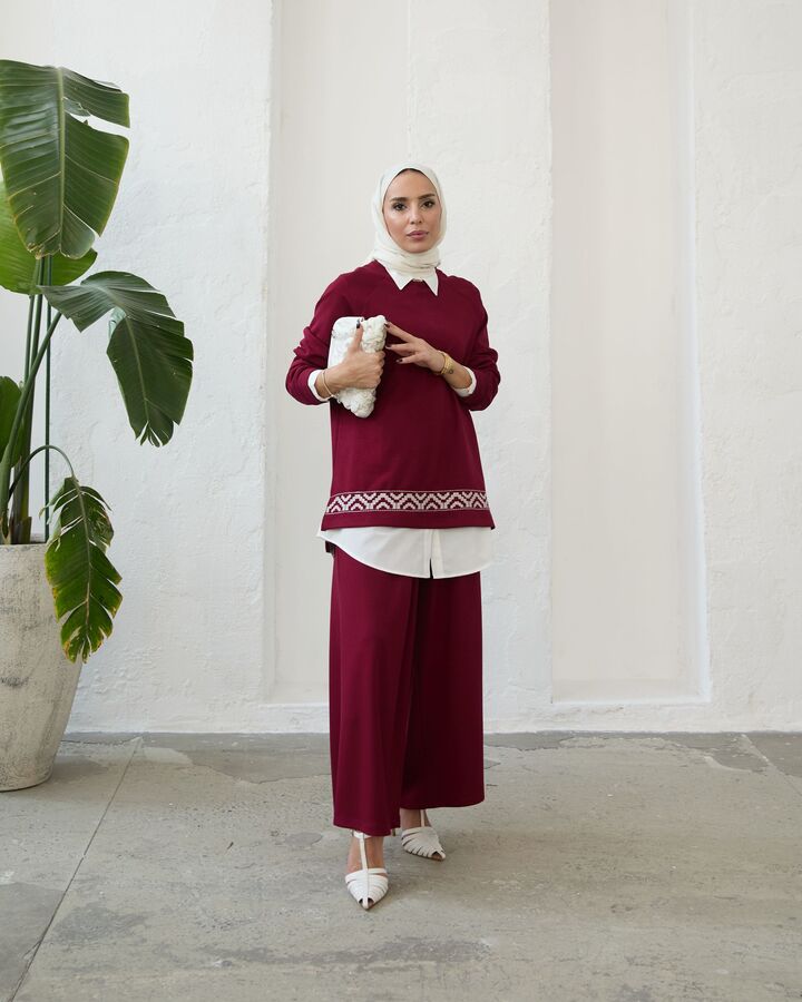 Kadın Modal Nakışlı Takım-Bordo