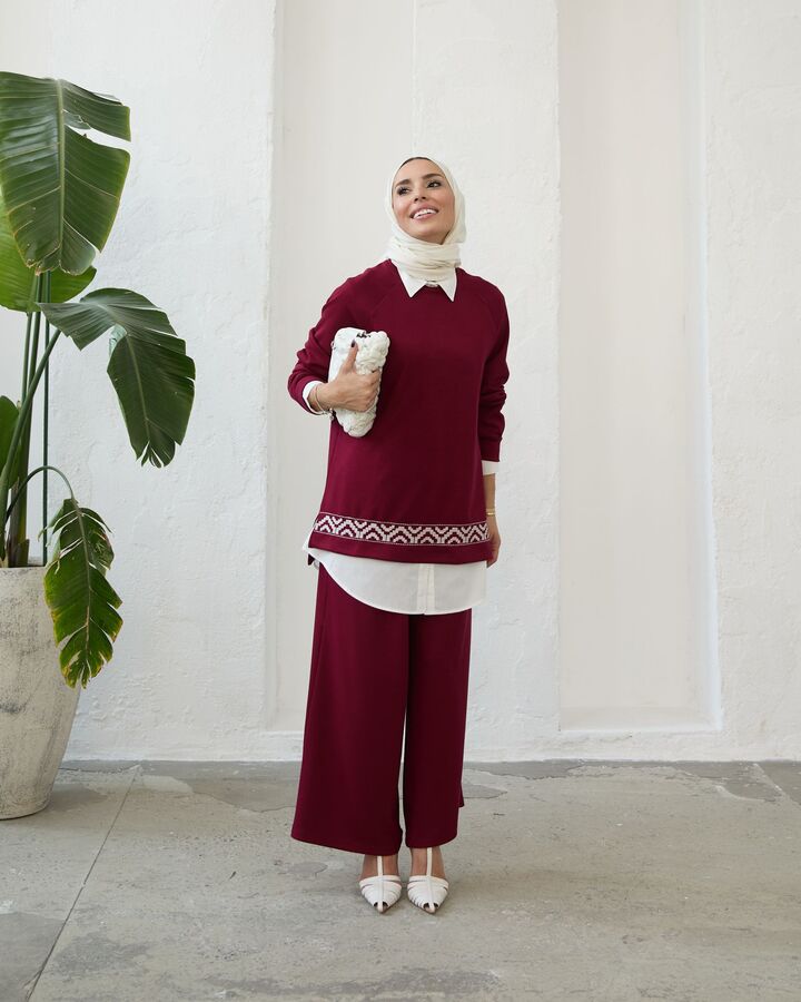 Kadın Modal Nakışlı Takım-Bordo
