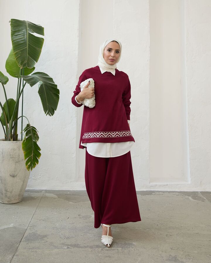 Kadın Modal Nakışlı Takım-Bordo