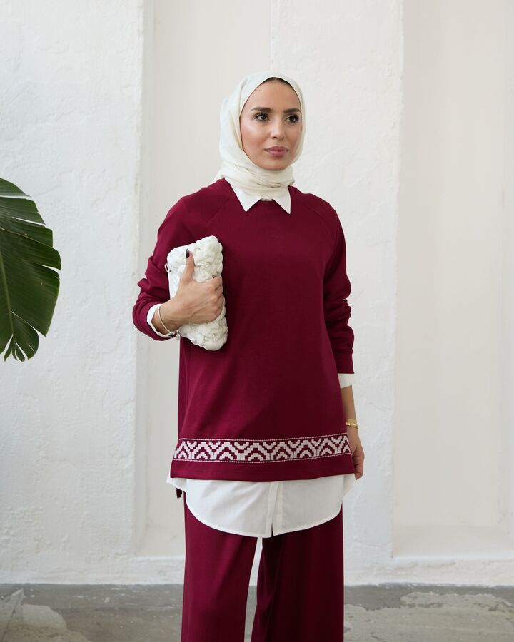 Kadın Modal Nakışlı Takım-Bordo